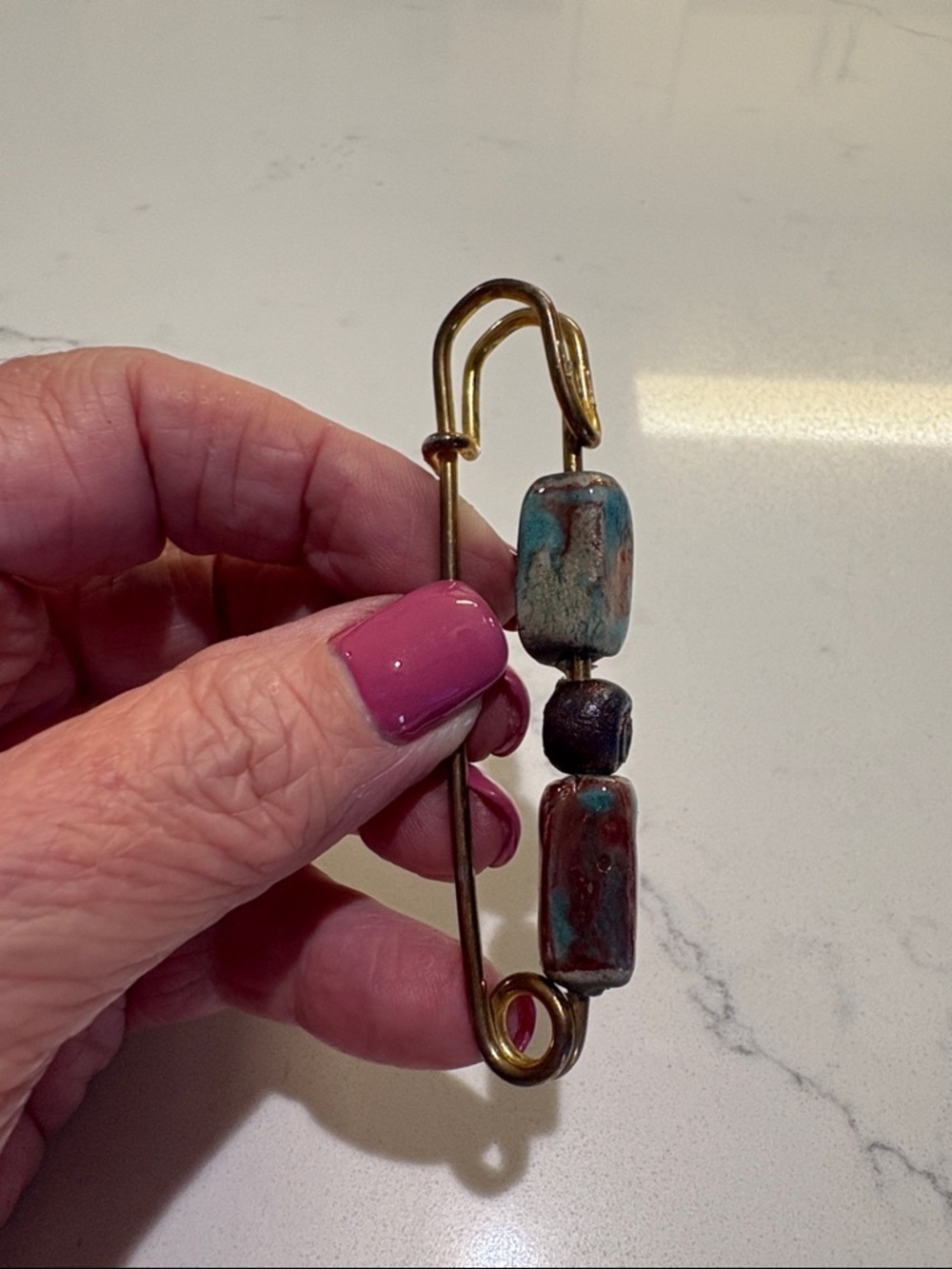 Boho Brass Safety Pin Brooch with Turquoise-Red Beads… - Picture 2 of 5